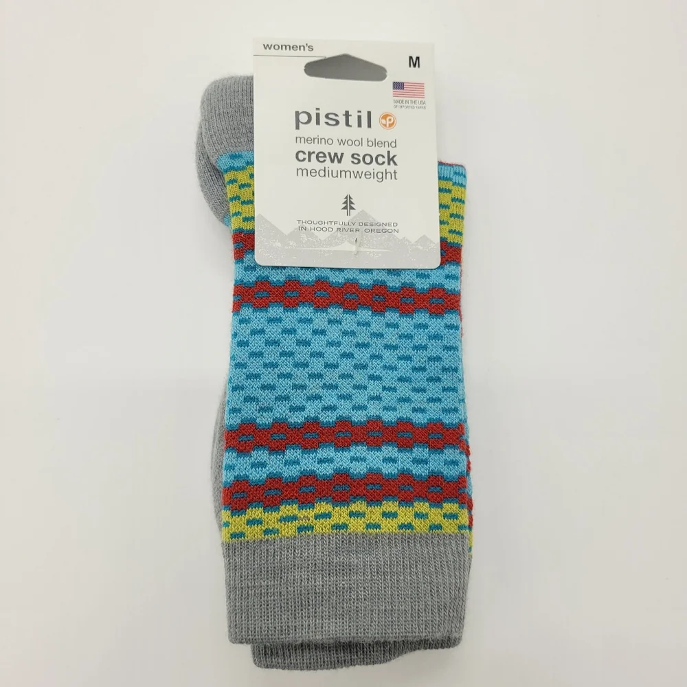 Pistil Phoebe Crew Socks Merino Wool Blend Teal Stripe Grey Womens Medium NEW